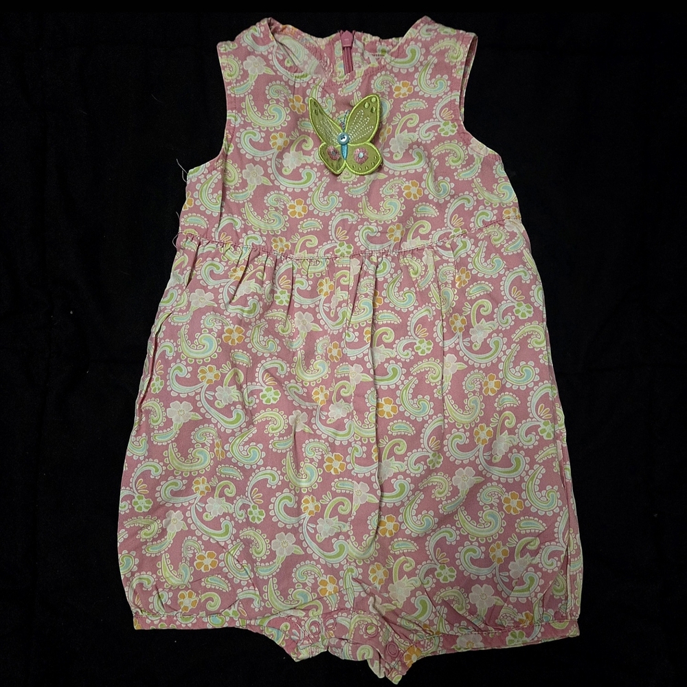 Gymboree Pink Paisley Romper with Green Butterfly Accent Size 18-24 Months
